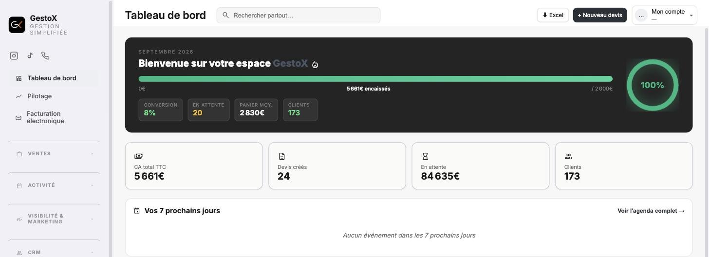 Tableau de bord GestoX : chiffre d'affaires, devis en attente, clients et agenda de la semaine